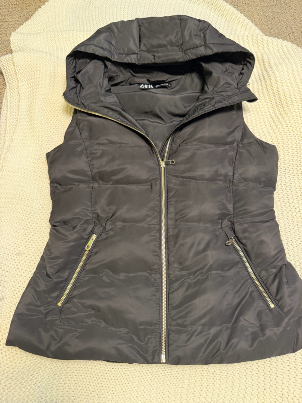 Black Quilted Puffer Vest with Gold Zippers